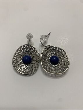Vintage Silver Toned Metal with Blue Stone Dangle Earings